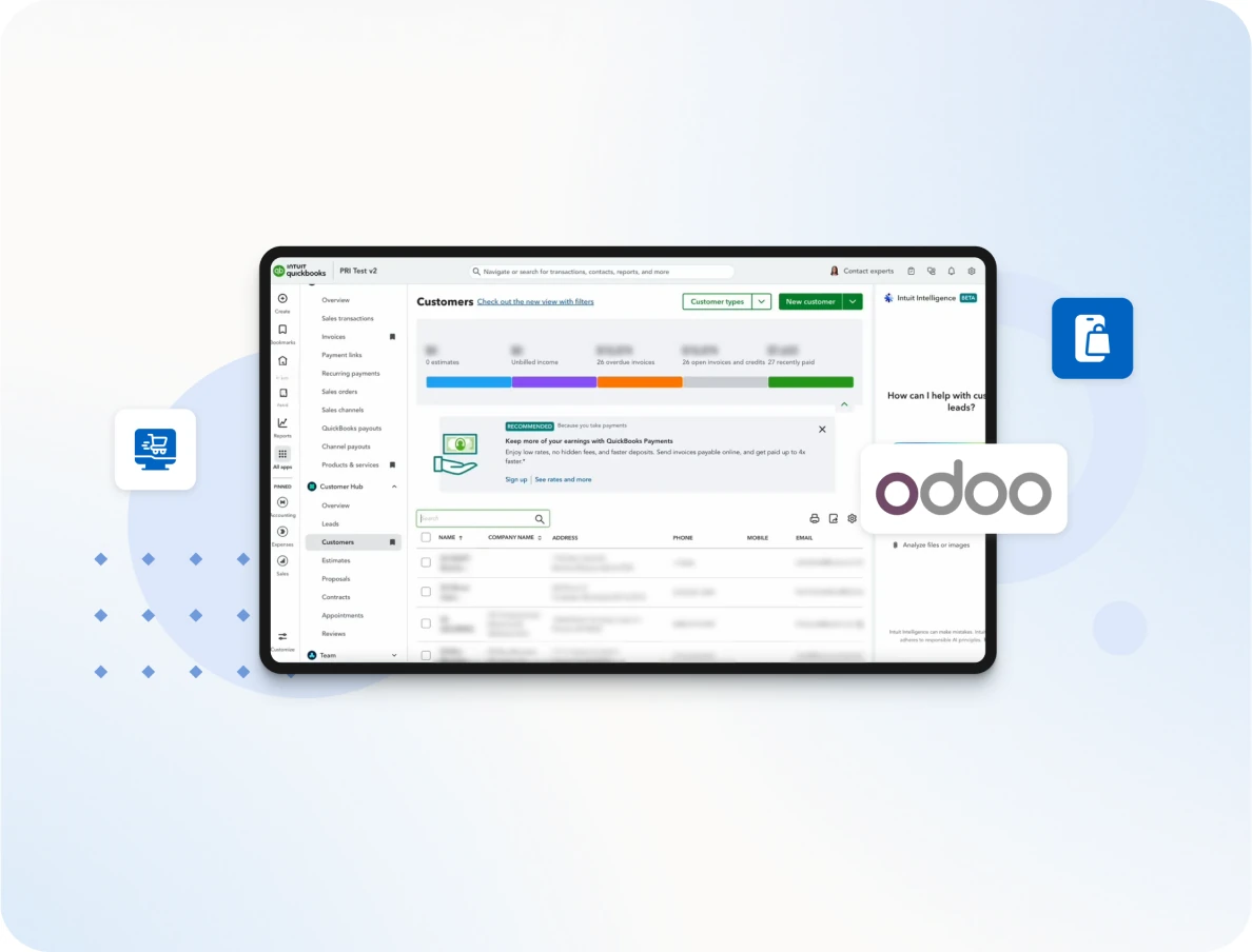 QuickBooks Online customer list on a tablet beside the Odoo logo