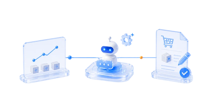 Illustration of CogniAgent reading sell-through signals and drafting replenishment in Odoo
